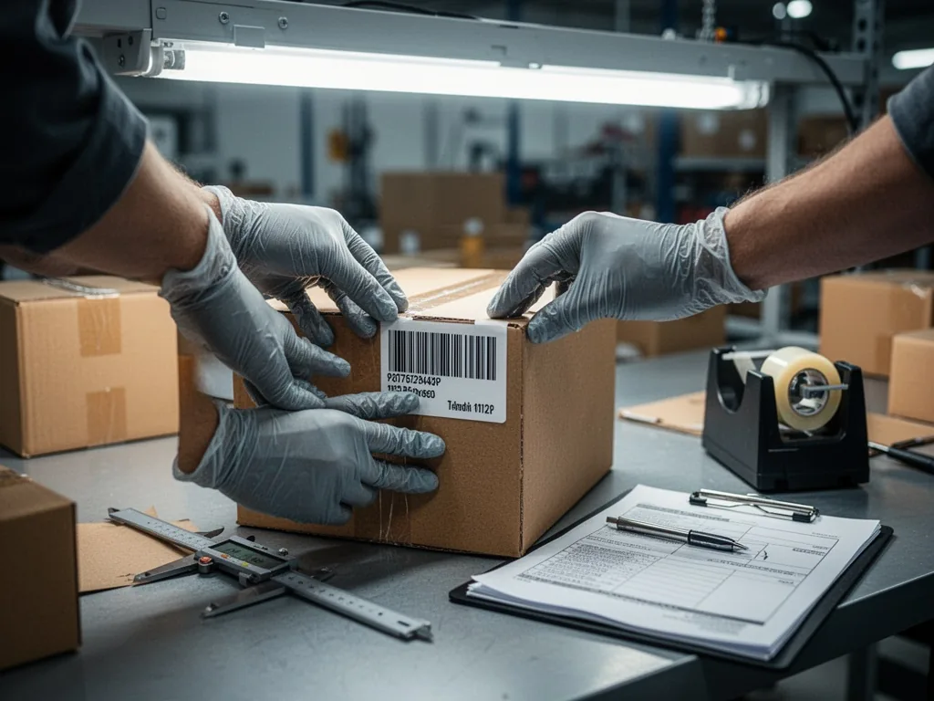 Gloved hands carefully aligning a barcode label on a brown cardboard box, workbench with calipers, tape dispenser, and a
