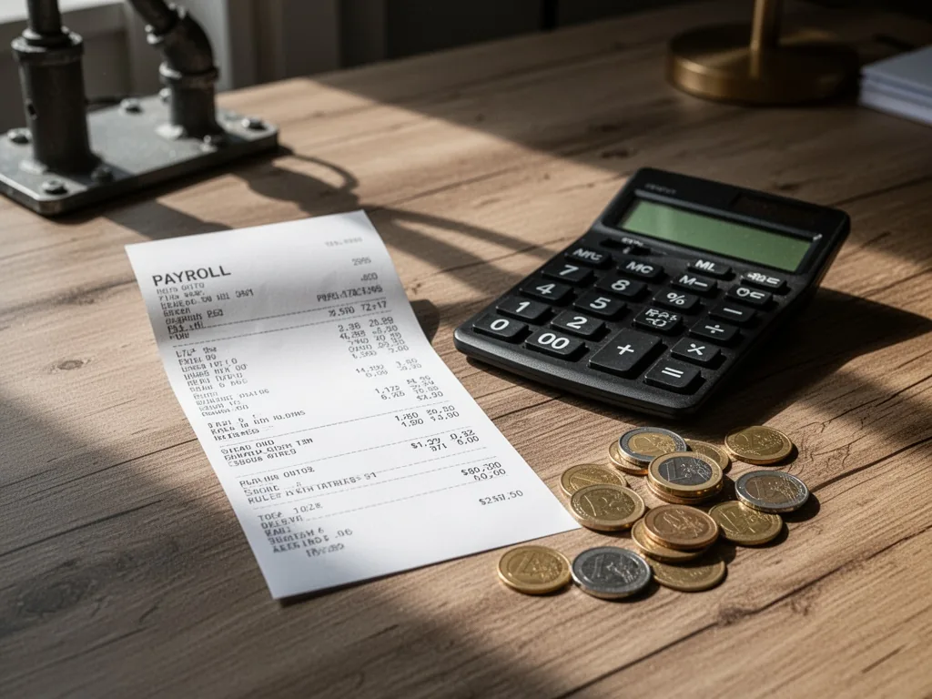 A white payroll slip with printed salary figures next to a black calculator and scattered euro coins on a wooden desk, s