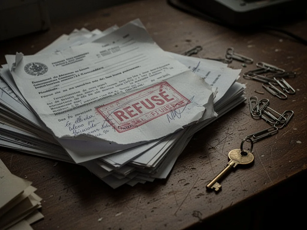 A stack of official documents with a red 'REFUSÉ' stamp, handwritten notes, a torn corner, scattered paperclips, a singl
