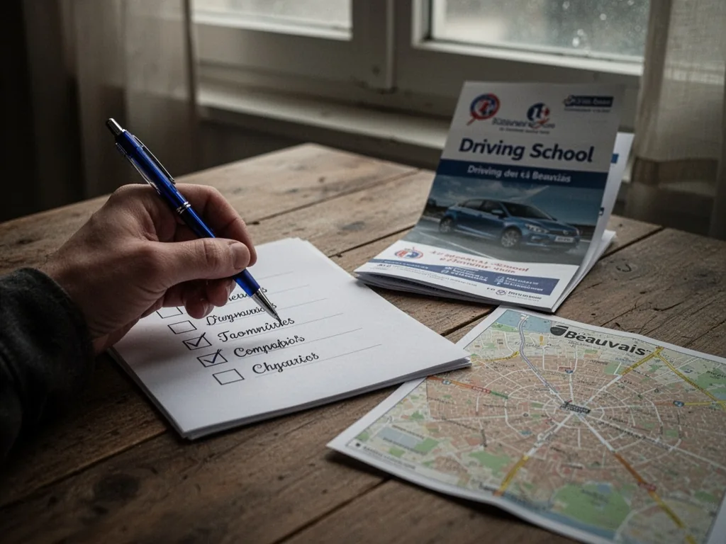 A hand holding a blue pen hovering over a checklist with four checked items, a folded driving school brochure and a city