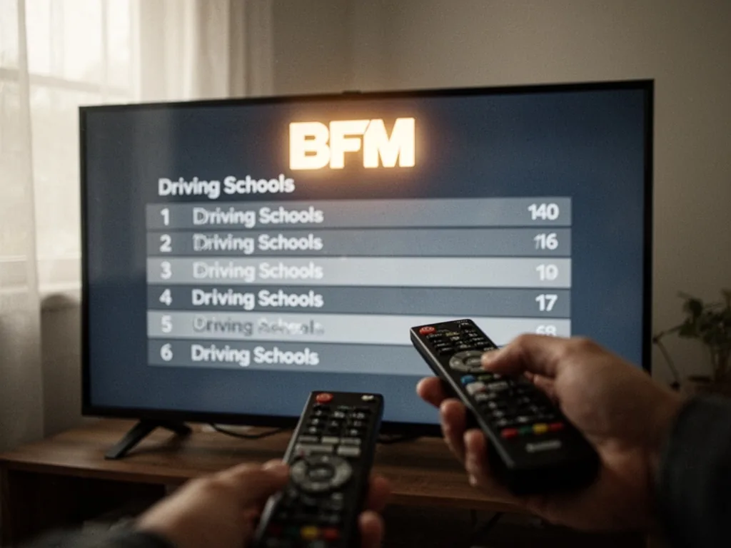 A television screen showing a ranked list of driving schools with the BFM logo glowing, a hand holding a remote in the f