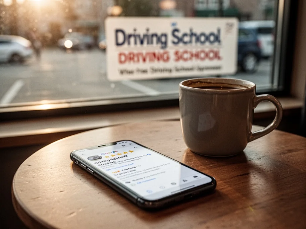 A smartphone on a cafe table displaying a five-star Google review for a driving school, beside a coffee mug and a blurry
