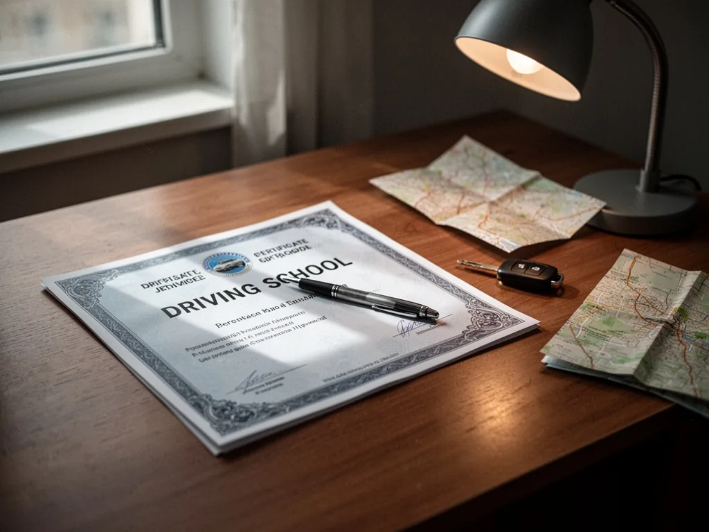 A wooden desk with a driving school certificate and a pen, the certificate's name partially shadowed, next to a car key