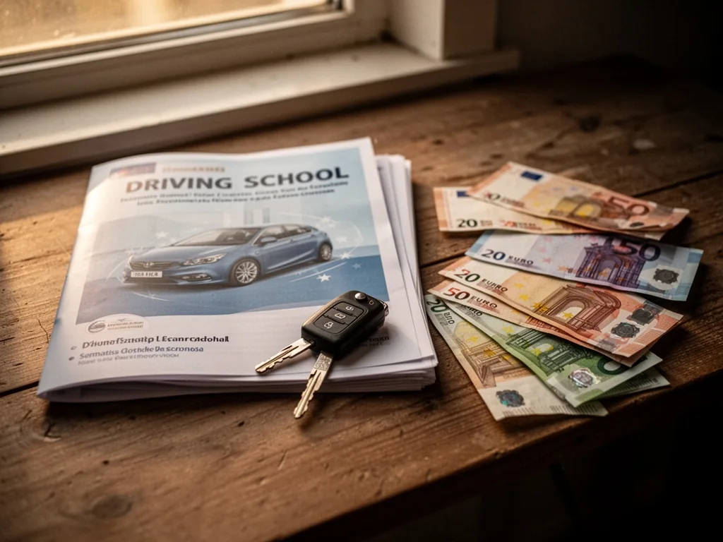 A wooden desk surface with a driving school folder, a car key, and scattered 20 and 50 euro notes, soft window light