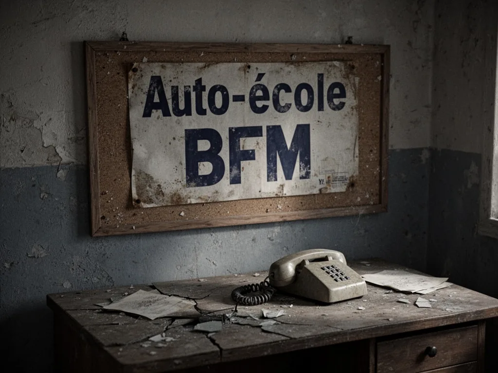 A dusty notice board with a faded "Auto-école BFM" sign and a disconnected phone receiver on a cracked desk, dim interio