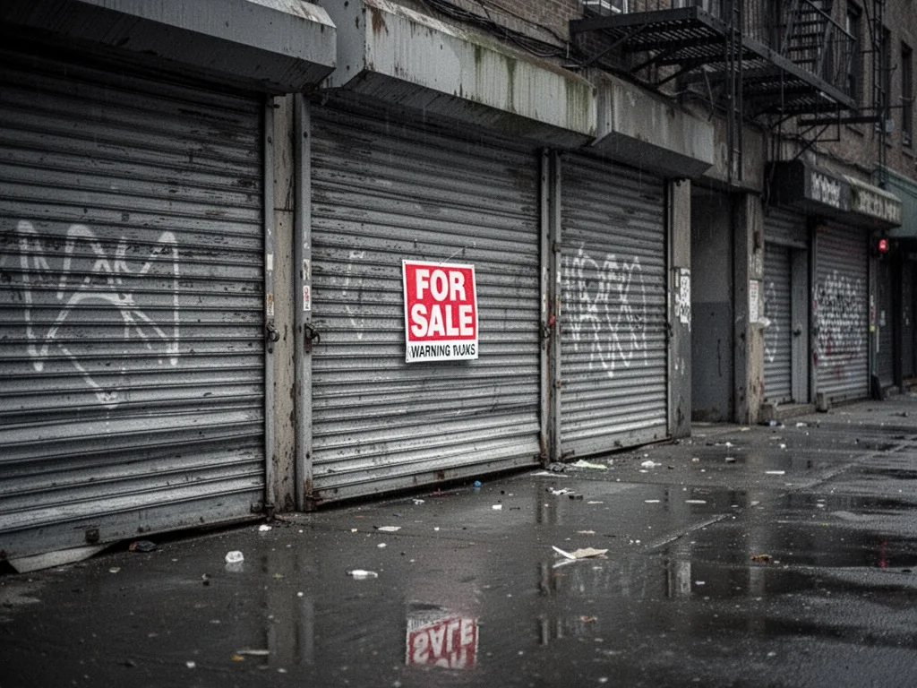 A row of closed metal shutters on storefronts with a single "For Sale" sign, pale grey light reflecting warnings on wet 