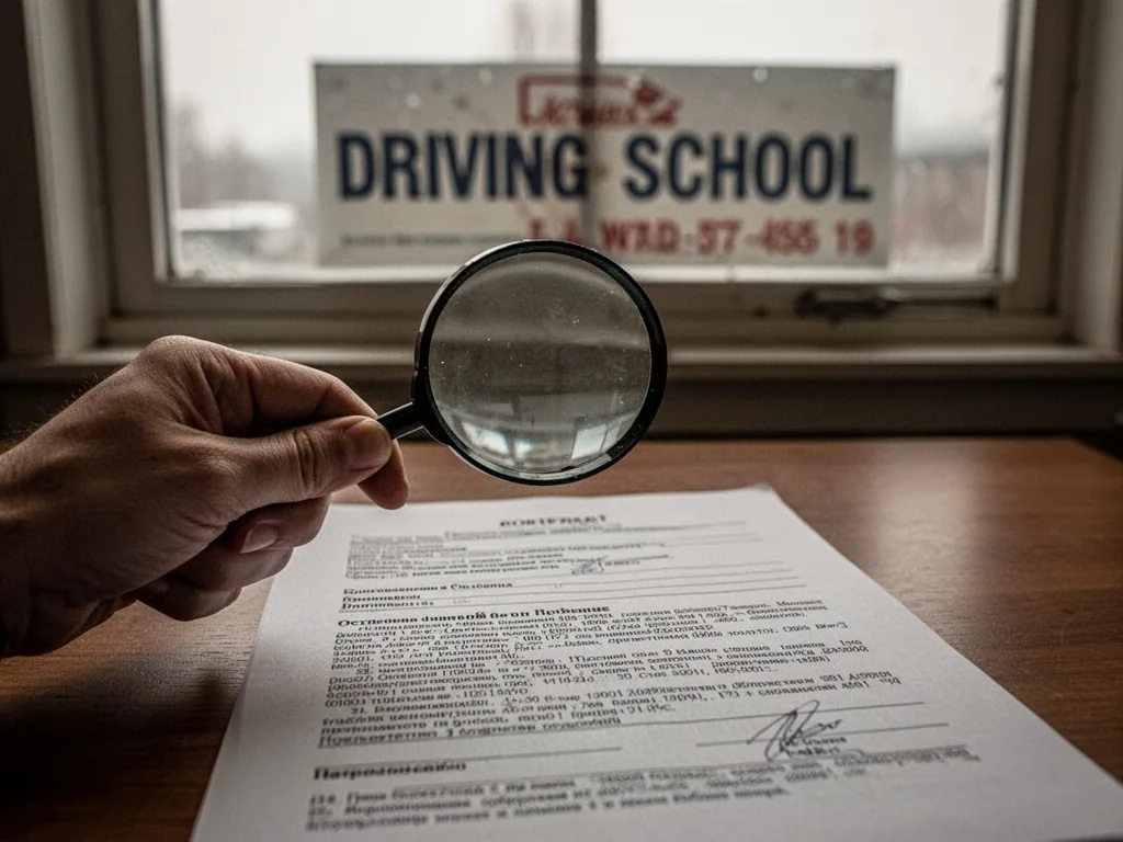 A hand holding a magnifying glass over a printed contract on a wooden desk, fine print visible, blurred driving school s