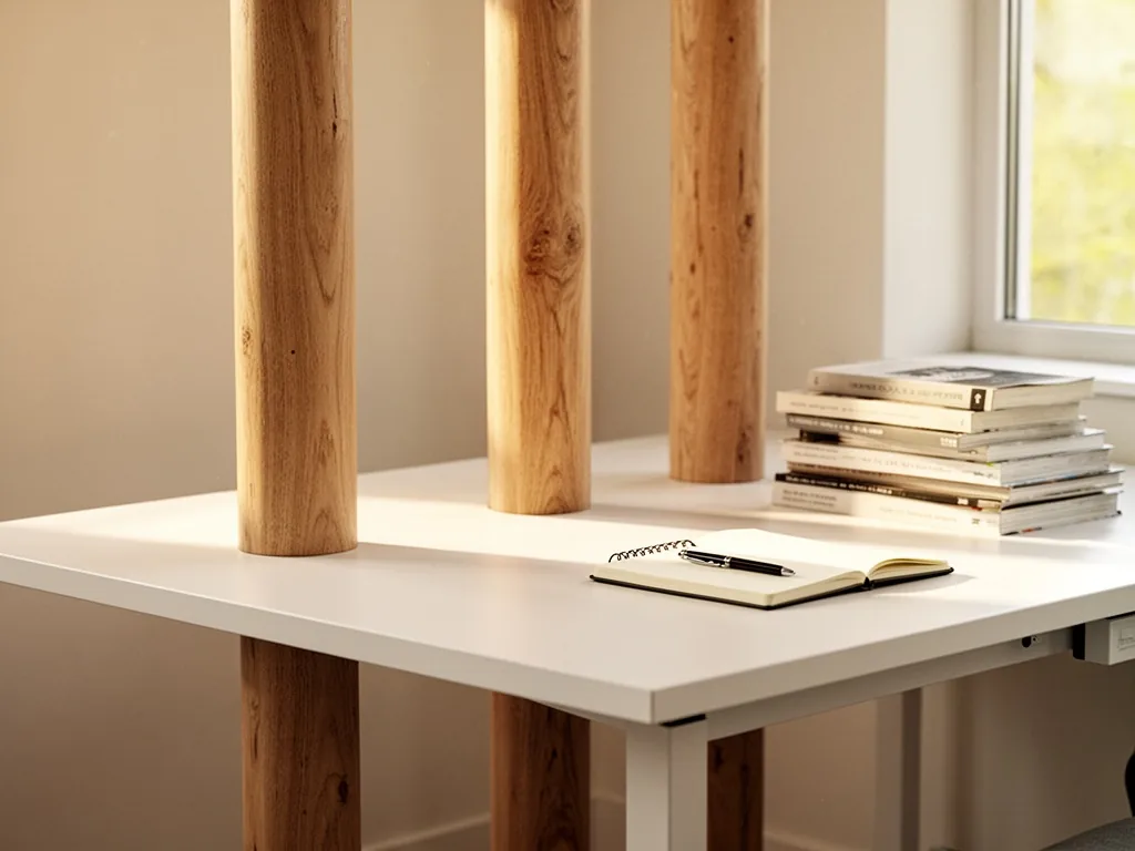 Three tall wooden pillars supporting a clean white desk surface, stacks of books beside, notebook and pen on desk, pale 