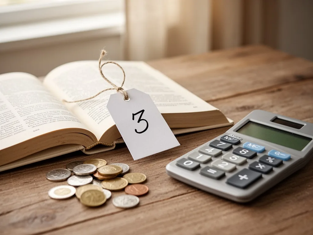 A white price tag with a handwritten number attached to an open book, scattered coins and a calculator on wooden table, 