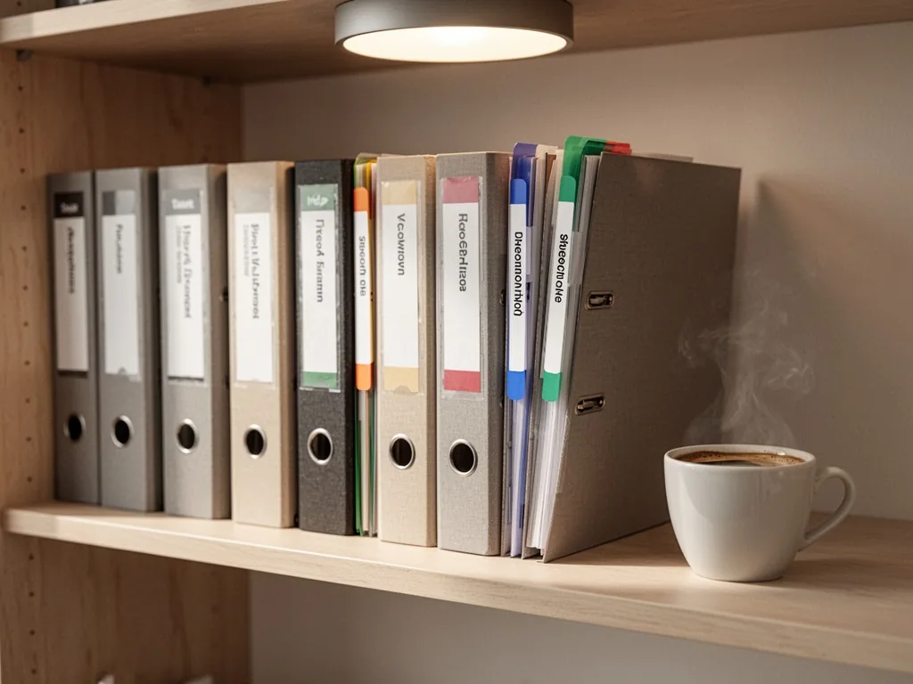 A row of labeled binder folders on a shelf, each with different colored tabs, a cup of coffee beside, soft overhead ligh