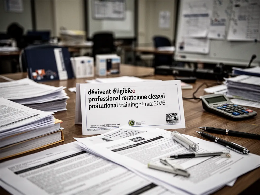 Personne consultant une plateforme de formation sur ordinateur avec des documents administratifs et un carnet de notes