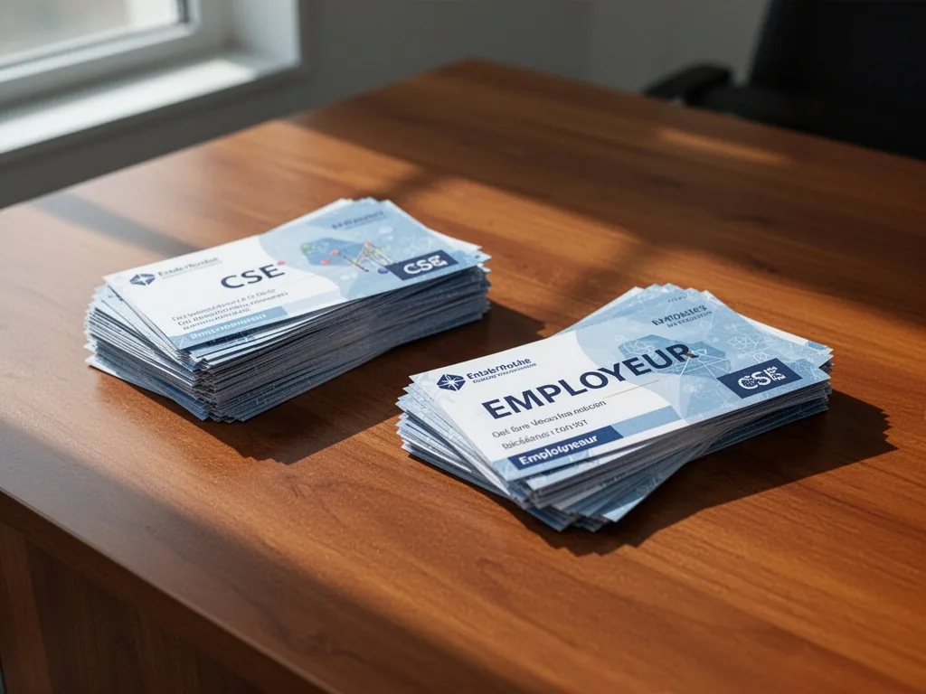 Two distinct piles of gift vouchers on a polished wooden desk, one labeled CSE, the other Employeur, subtle shadows from