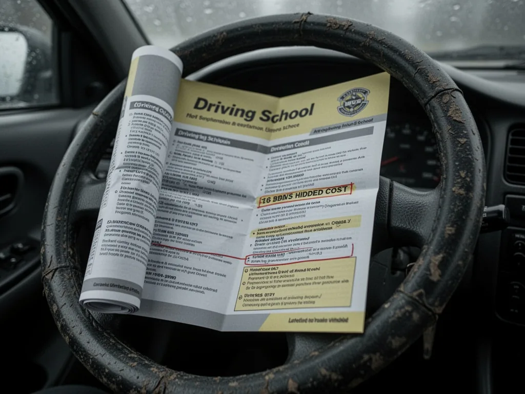 A half-unrolled driving school package brochure with fine print and a hidden cost line highlighted, resting on a worn ca