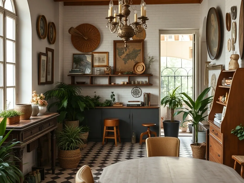 Intérieur provençal contemporain avec du mobilier en bois clair, un grand miroir en rotin, des céramiques artisanales et une