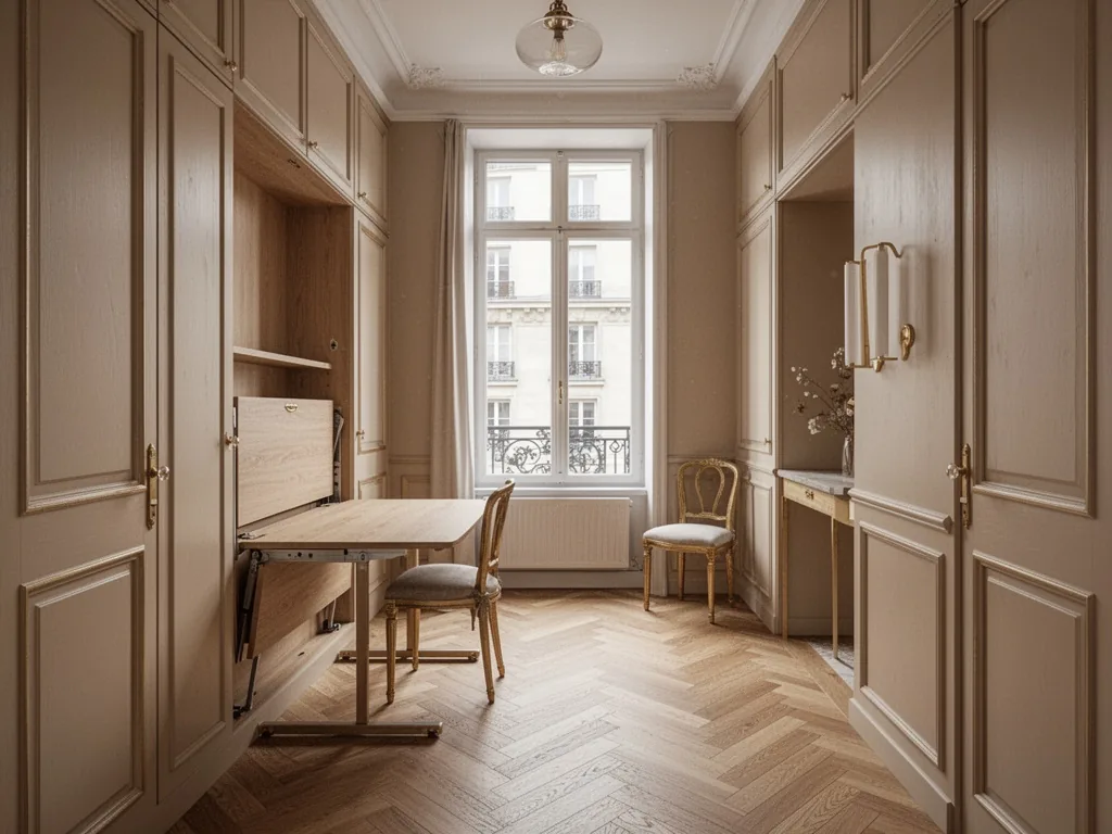 A narrow Parisian studio with a foldable dining table retracted into a wall unit, high ceilings, herringbone oak floor, 