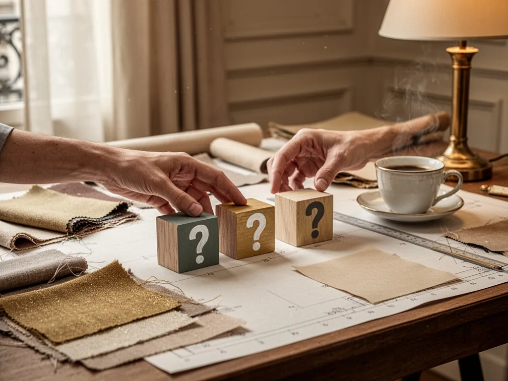 A hand placing three small wooden blocks on a drafting table, each block painted with a question mark, amidst fabric swa