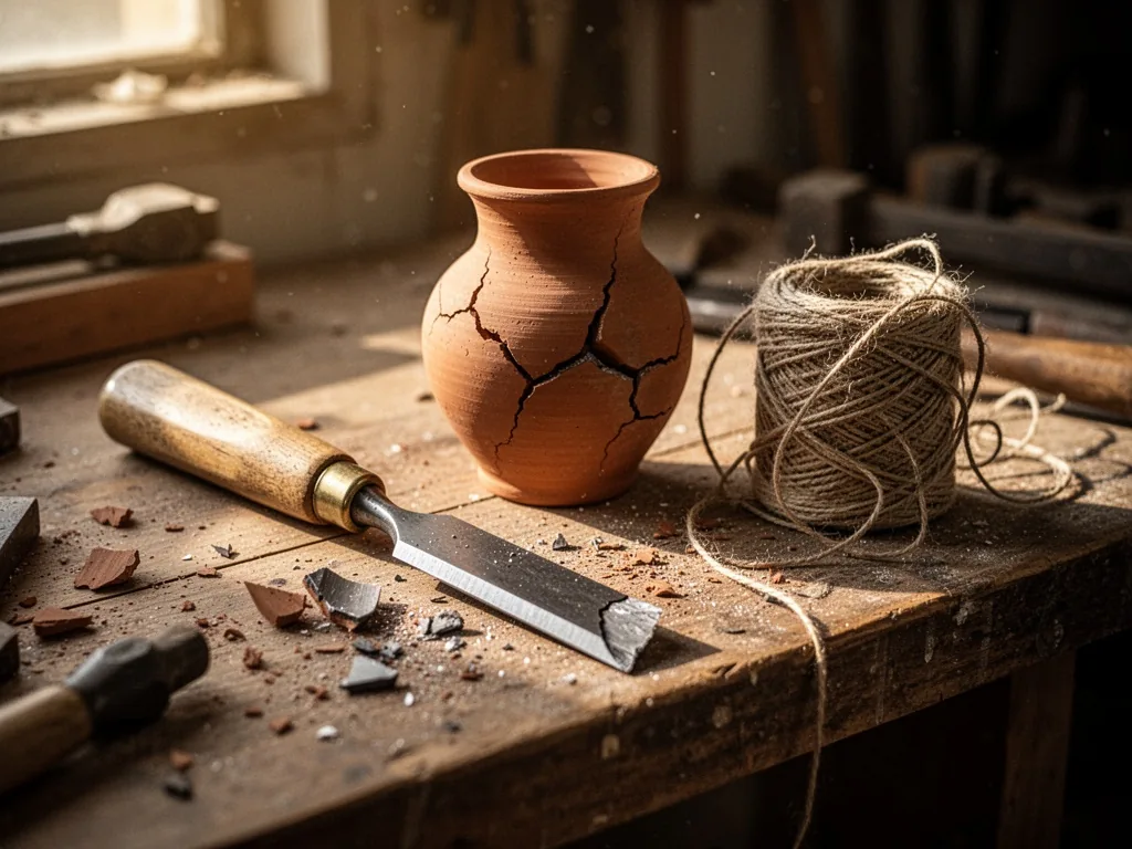 Three broken tools on a wooden workbench: a chisel with a chipped blade, a cracked clay vase, and a tangled spool of thr