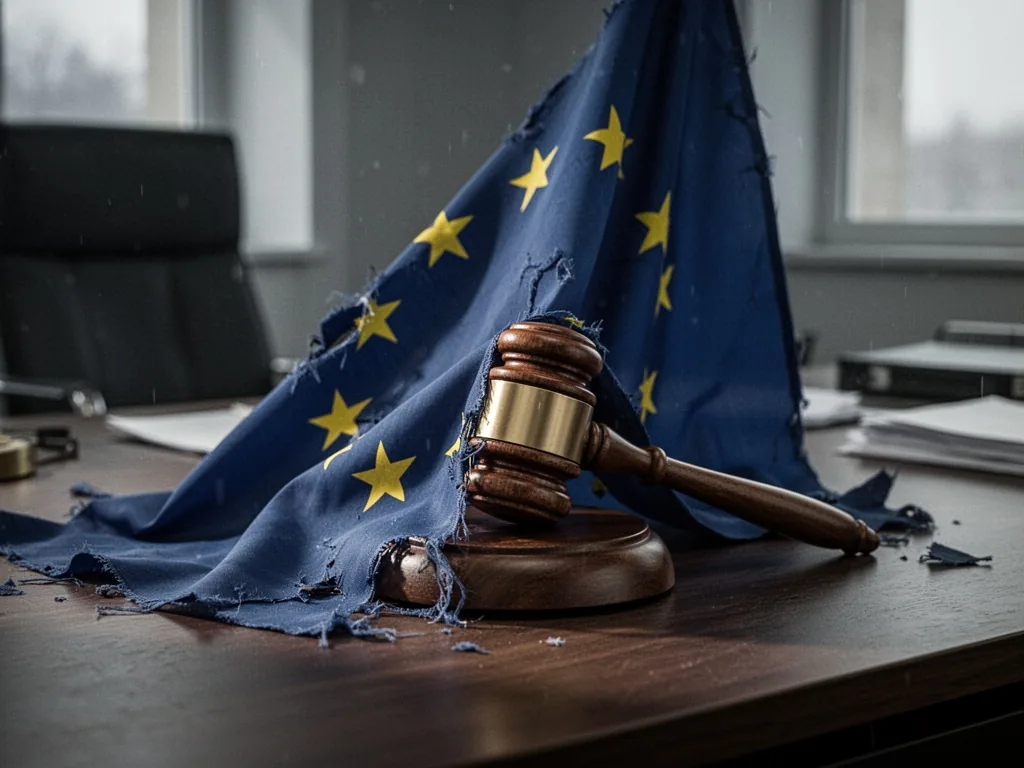 A torn European Union flag draped over a wooden gavel on a desk, dim office lighting, shadows from a window