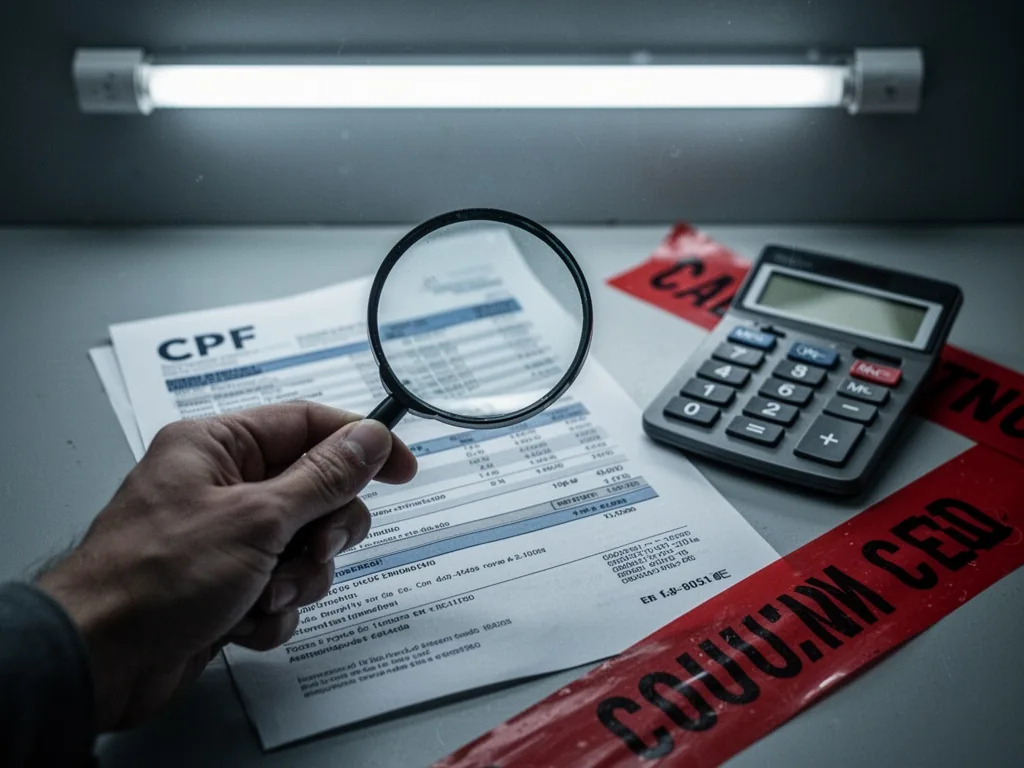 A hand holding a magnifying glass over a CPF statement, a calculator and red caution tape beside it, cool fluorescent li