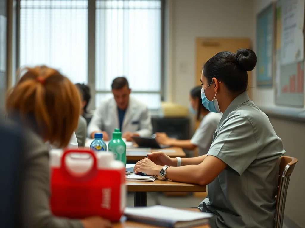 Une salle de formation avec des écrans montrant un logiciel de dossier patient, des élèves en blouse blanche devant un