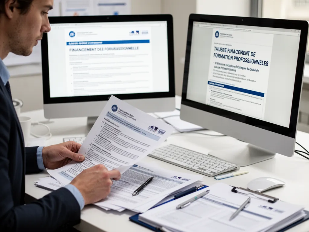 Personne consultant des documents et un ordinateur pour préparer un dossier de financement de formation