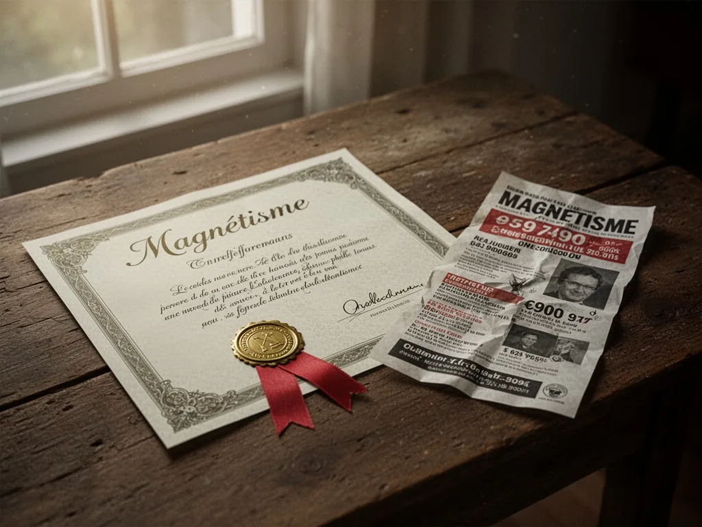 A magnétisme certificate with a golden seal and red ribbon, placed next to a crumpled advertisement flyer on a rustic wo