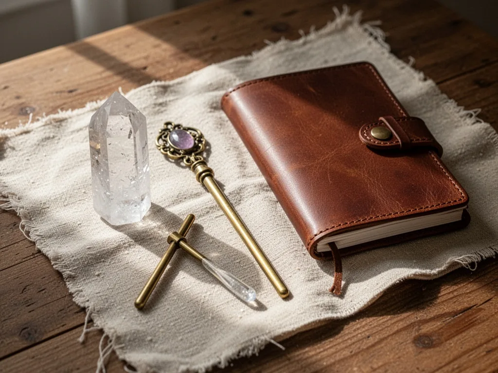 Three distinct magnétisme tools: a clear quartz crystal, a brass wand, and a leather-bound journal, arranged on a cream 