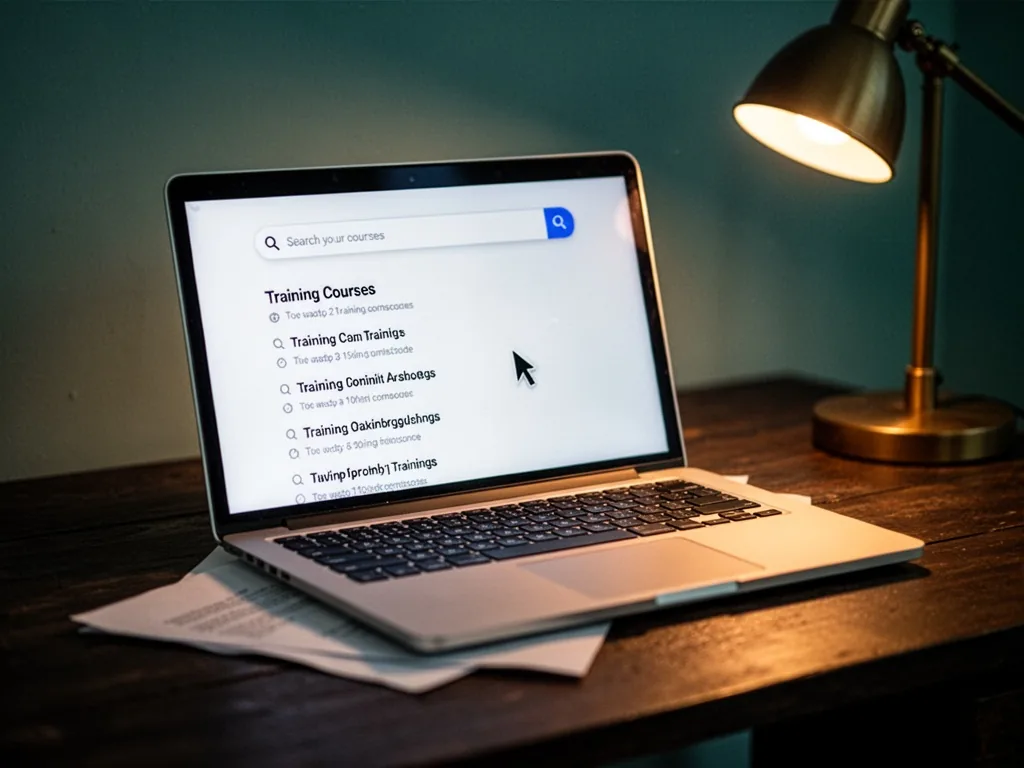A laptop screen with a search bar and a list of training courses, a cursor blinking, on a dark wooden desk, a folded pap