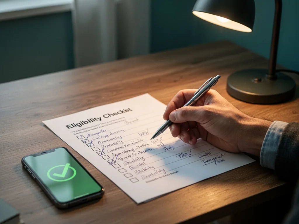 A hand holding a pen over a printed eligibility checklist with checkboxes and handwritten notes, a smartphone showing a 