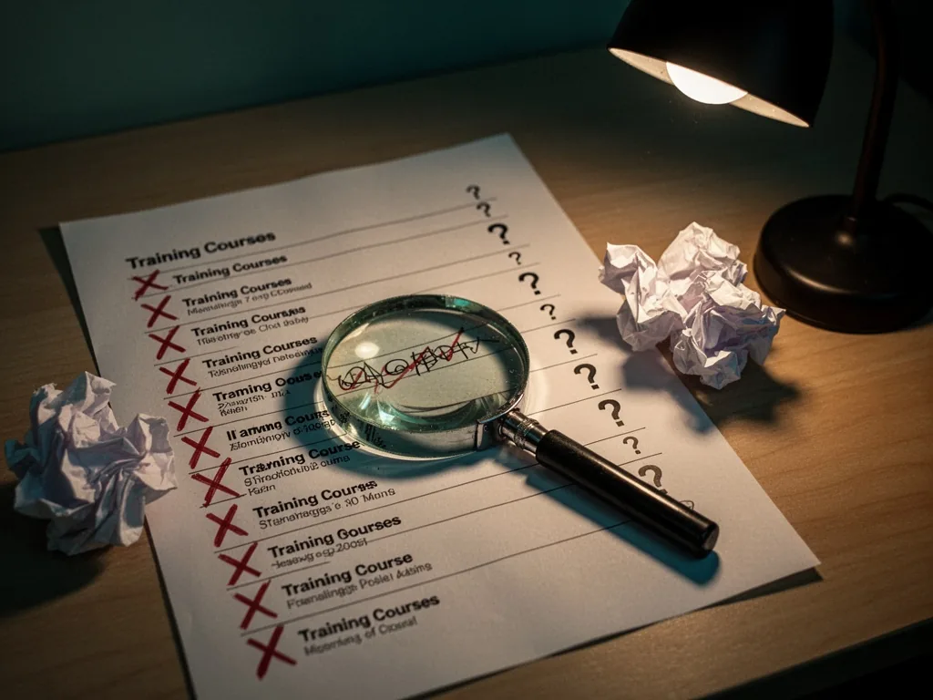 A printed list of training courses with red X marks and question marks, a magnifying glass over a confusing line, crumpl
