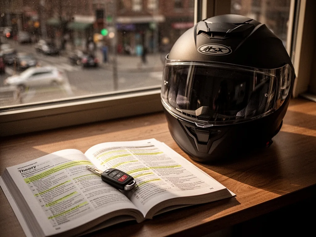 A full-face motorcycle helmet on a wooden desk beside an open theory manual with highlighted text, a key fob on a page,