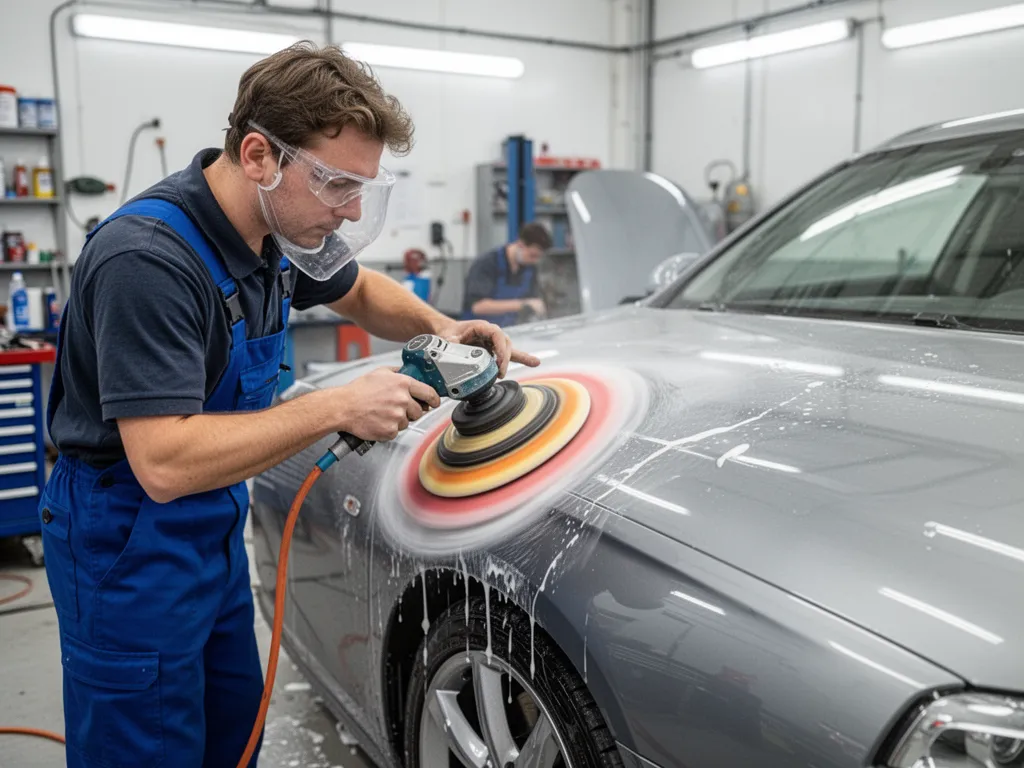 Préparateur automobile en train de polir la carrosserie d'un véhicule dans un atelier professionnel