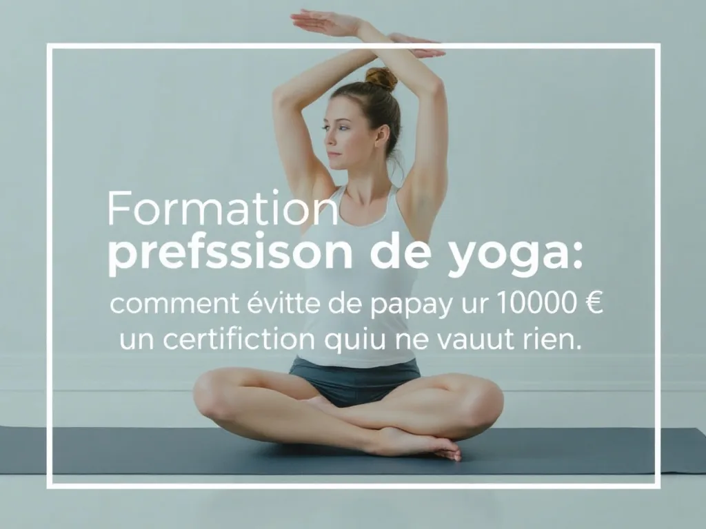 Un groupe d'élèves en formation de professeur de yoga, en posture du guerrier, dans une salle lumineuse, avec un formateur