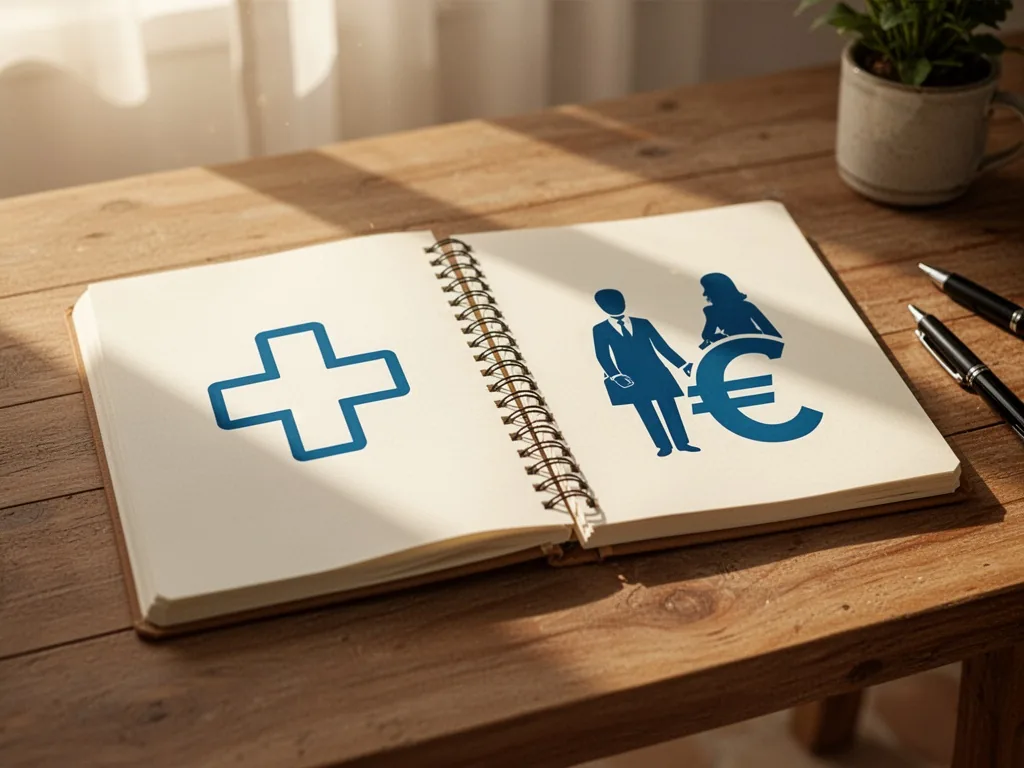 Two open notebooks on a sunlit wooden desk, left page with a medical cross icon, right page with a social worker silhoue