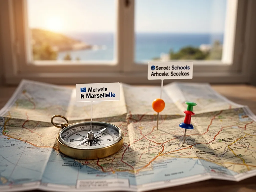 A compass on a unfolded map of Marseille with two colored pins marking school locations, a blurred window with Mediterra