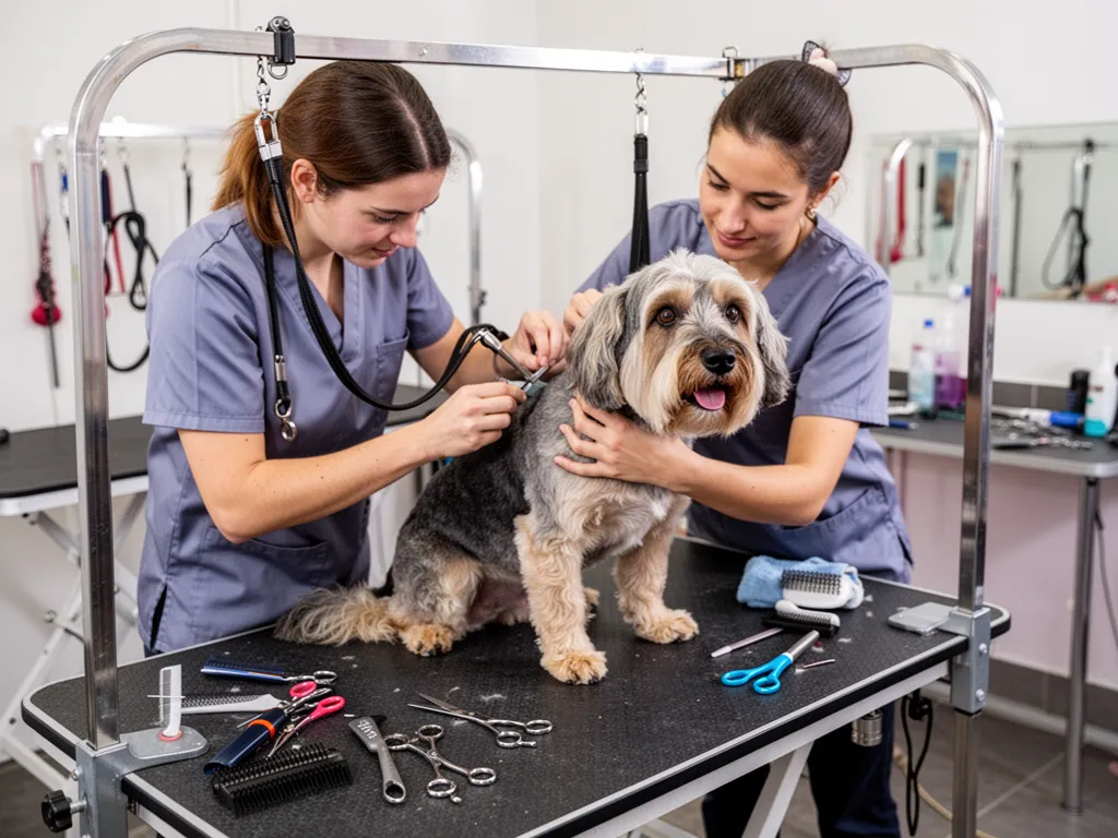 Toiletteur travaillant sur un chien dans un salon, outils et table de toilettage visibles