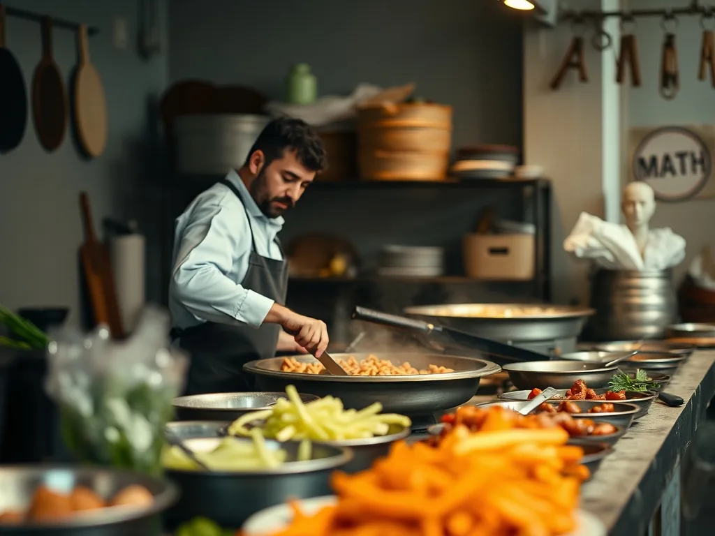 Cuisine professionnelle en inox, plan de travail épuré et batterie de cuisine suspendue au-dessus d'un piano de cuisson