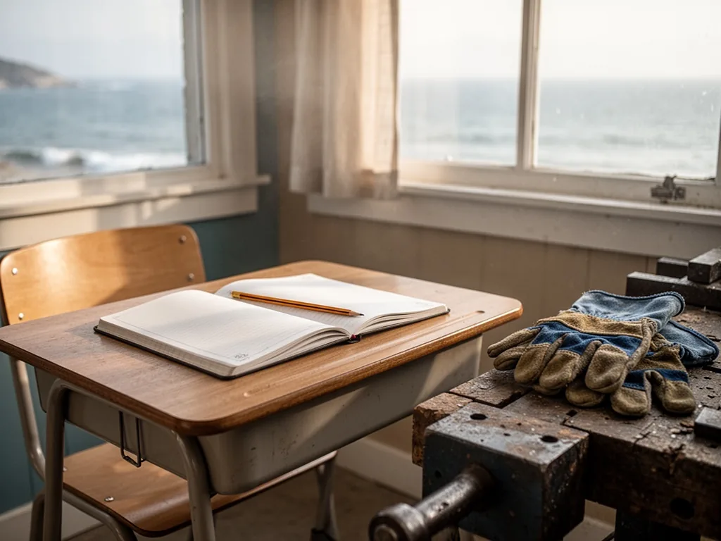 A wooden school desk with an open notebook and a pencil, next to a pair of work gloves on a workshop bench, soft morning