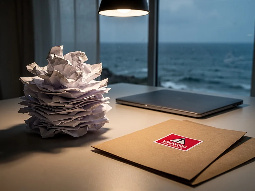 A stack of crumpled paper forms beside a closed laptop, a single red warning sticker on a manila folder, dim overhead li