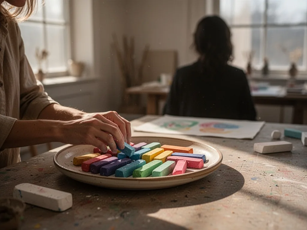 An art therapist's hands arranging colorful chalk pastels on a ceramic tray, a blurred silhouette of a person seated acr