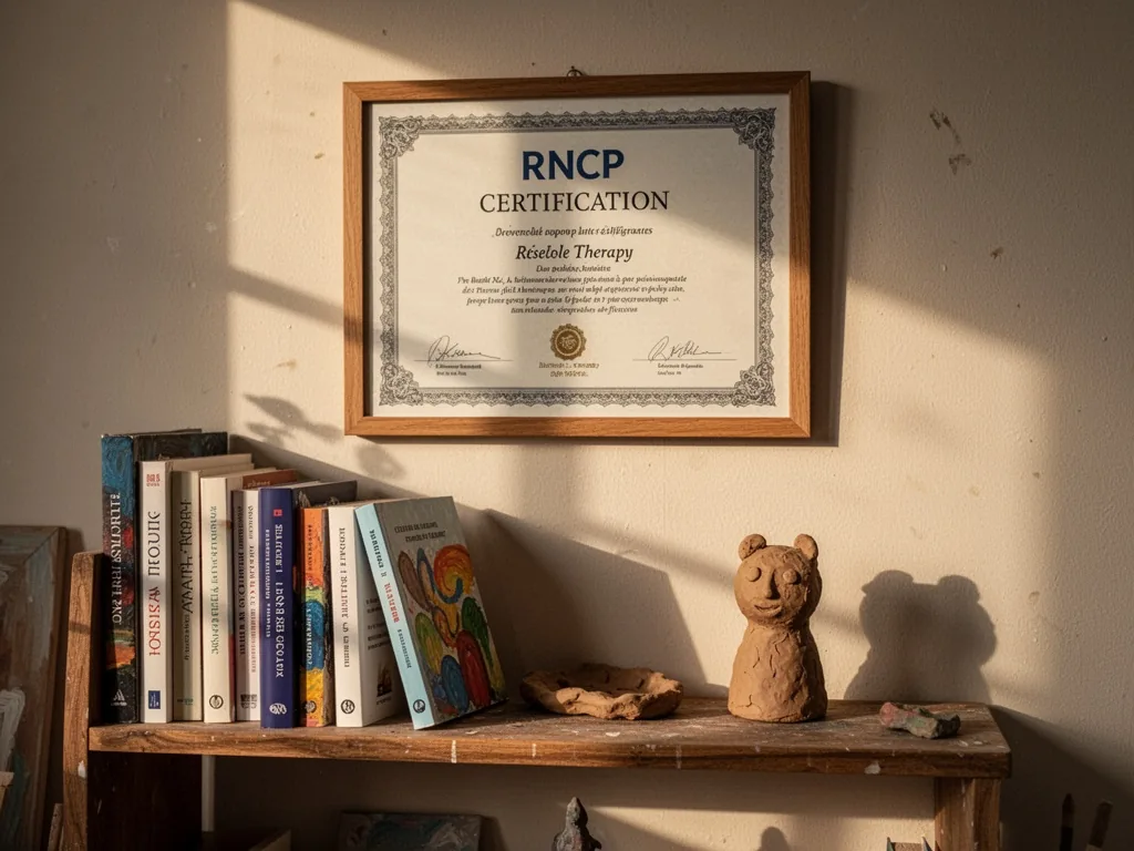 A framed RNCP certification certificate on a wall above a wooden shelf holding art therapy textbooks and a small clay sc