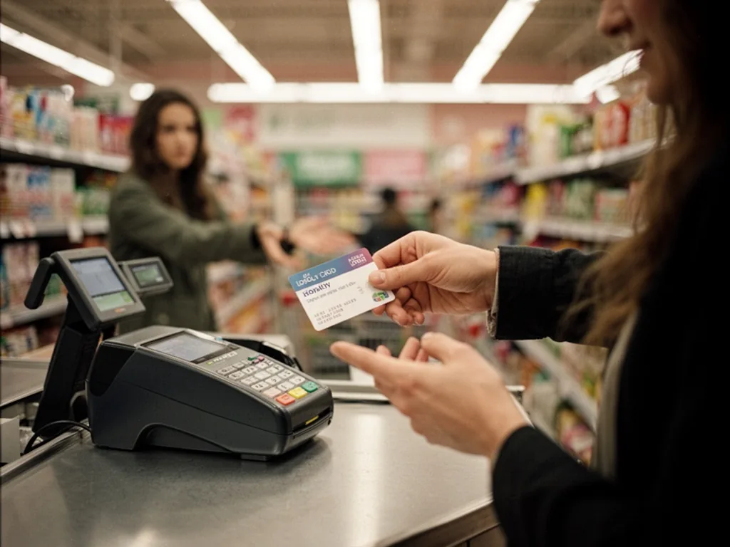A cashier's hand gently holding a loyalty card near a scanner, customer's blurred silhouette reaching forward, soft chec