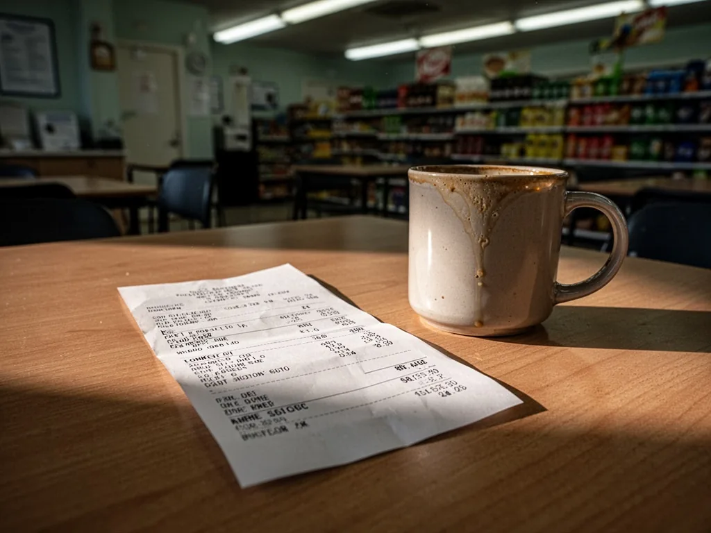 A printed pay slip lying on a wooden break-room table, next to a half-empty coffee mug, dim staff room light, late after