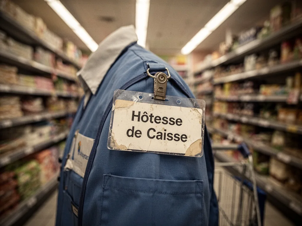 A worn name badge reading 'Hôtesse de Caisse' pinned on a blue uniform vest, shallow depth of field, supermarket aisle o