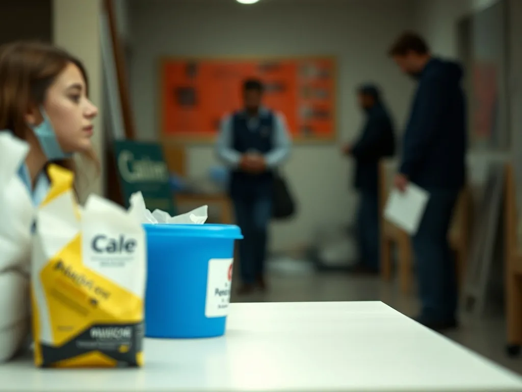 Hôtesse de caisse en uniforme derrière son poste, souriante, en train de scanner un article pendant qu'une cliente range ses courses.