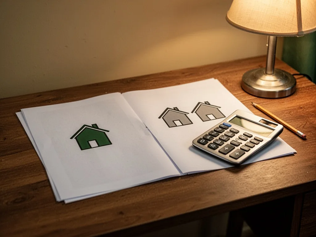 A wooden desk with two opened documents, one showing a single house icon, the other two house icons, a silver calculator