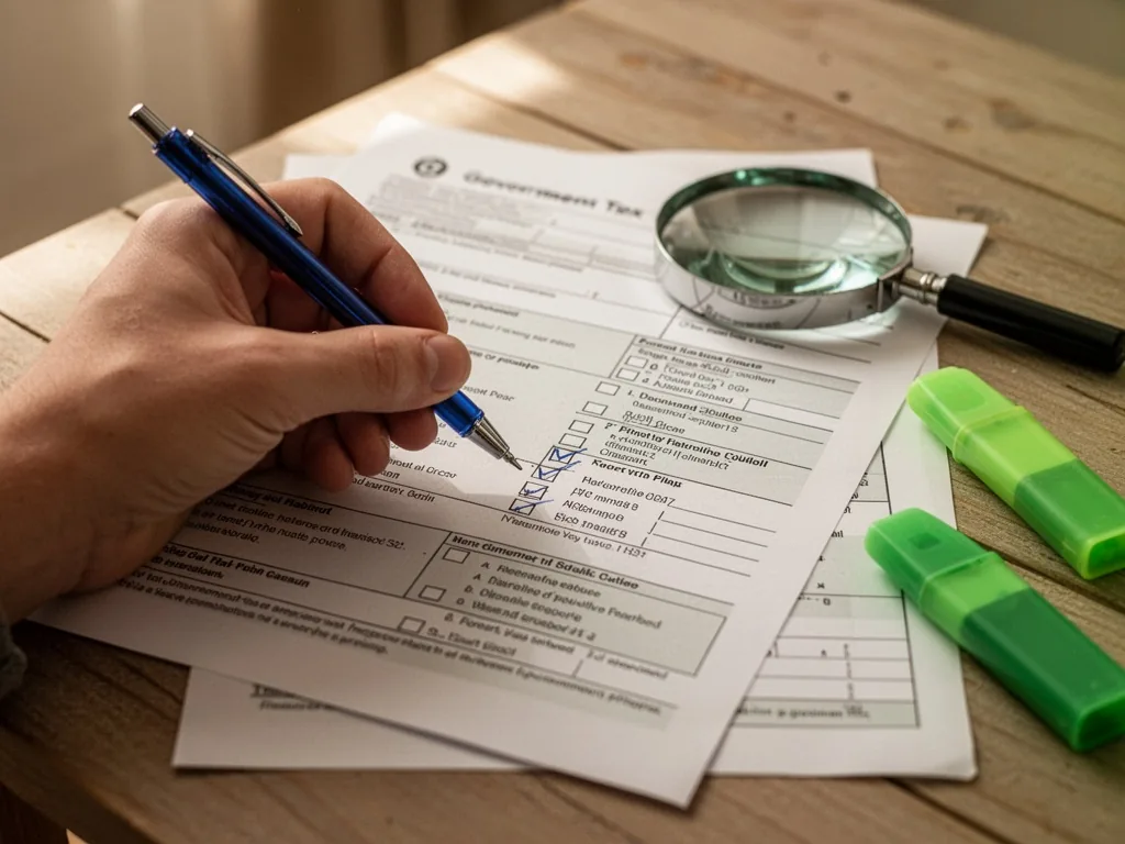 A hand holding a blue pen marking a checkbox on a government tax form, a magnifying glass and green highlighter on the p