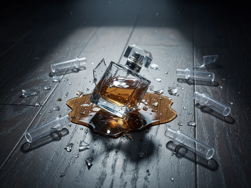 A shattered perfume bottle with amber liquid pooling on a dark wooden floor, harsh overhead light casting long shadows, 