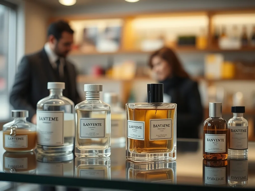Étalage de flacons de parfum, carnet de commandes et smartphone, évoquant l'activité de vente à domicile