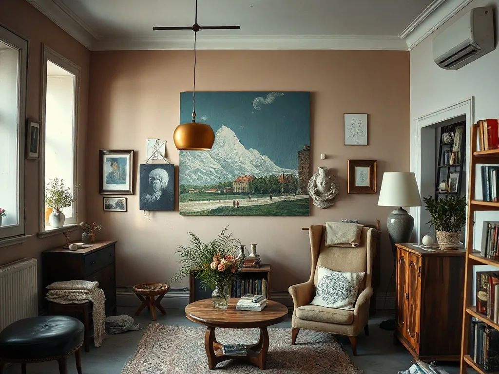 Rouleau de peintre appuyé contre un mur bleu profond, pots de peinture et nuancier posés au sol dans un salon lumineux.